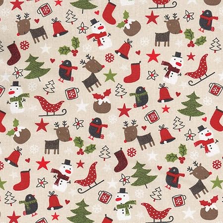 Textiles français Weihnachtsstoff | Weihnachtszeit Stoff (Beige/Rot) | Festliches Rot, Taupe, Schokolade, Grün & Weiß (Grundf