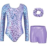 Zaclotre Gymnastics Leotards for Girls Long Sleeve Sparkly Dance Unitards Biketards with Tumbling Shorts