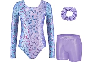 Zaclotre Gymnastics Leotards for Girls Long Sleeve Sparkly Dance Unitards Biketards with Tumbling Shorts