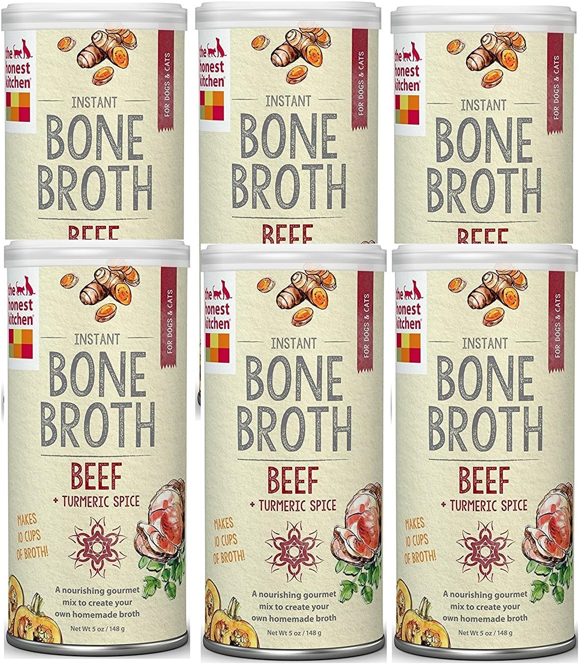 Honest Kitchen Beef Bone Broth - Natural Human Grade Functional Liquid Treat with Turmeric Spice for Dogs and Cats, 5 Ounce, 6 Count