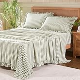 kisswish Gingham Queen Sheet Set, Lightweight Super Soft Brushed Microfiber Plaid Bed Sheets with 16" Deep Pocket, 4 Piece Ruffle Farmhouse Bedroom Decor, Sage Green