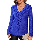 Gaharu Women's Dressy Blouses Long Sleeve Ruffle Shirts Casual Loose Fit Mesh Double Layers Flowy Tunic Tops