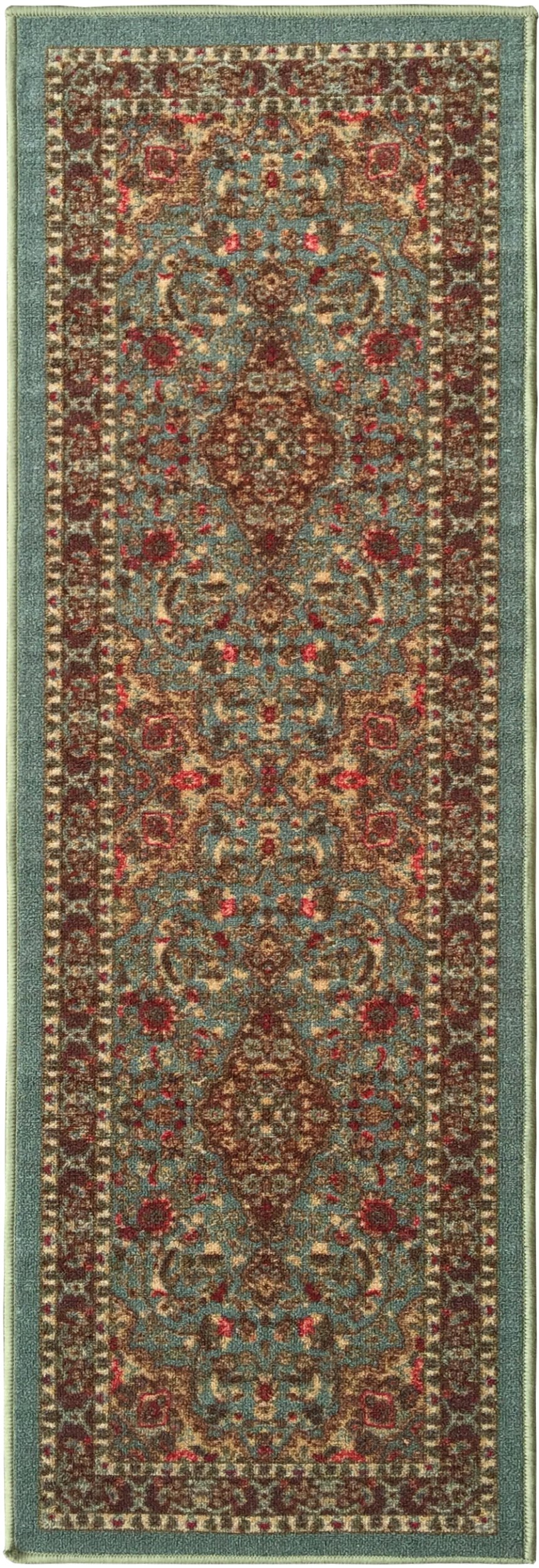 Ottomanson Ottohome Persian Heriz Oriental Design Runner Rug with Non-Skid Rubber Backing Area Rug, 20" L x 59" W, Sage Green/Aqua Blue