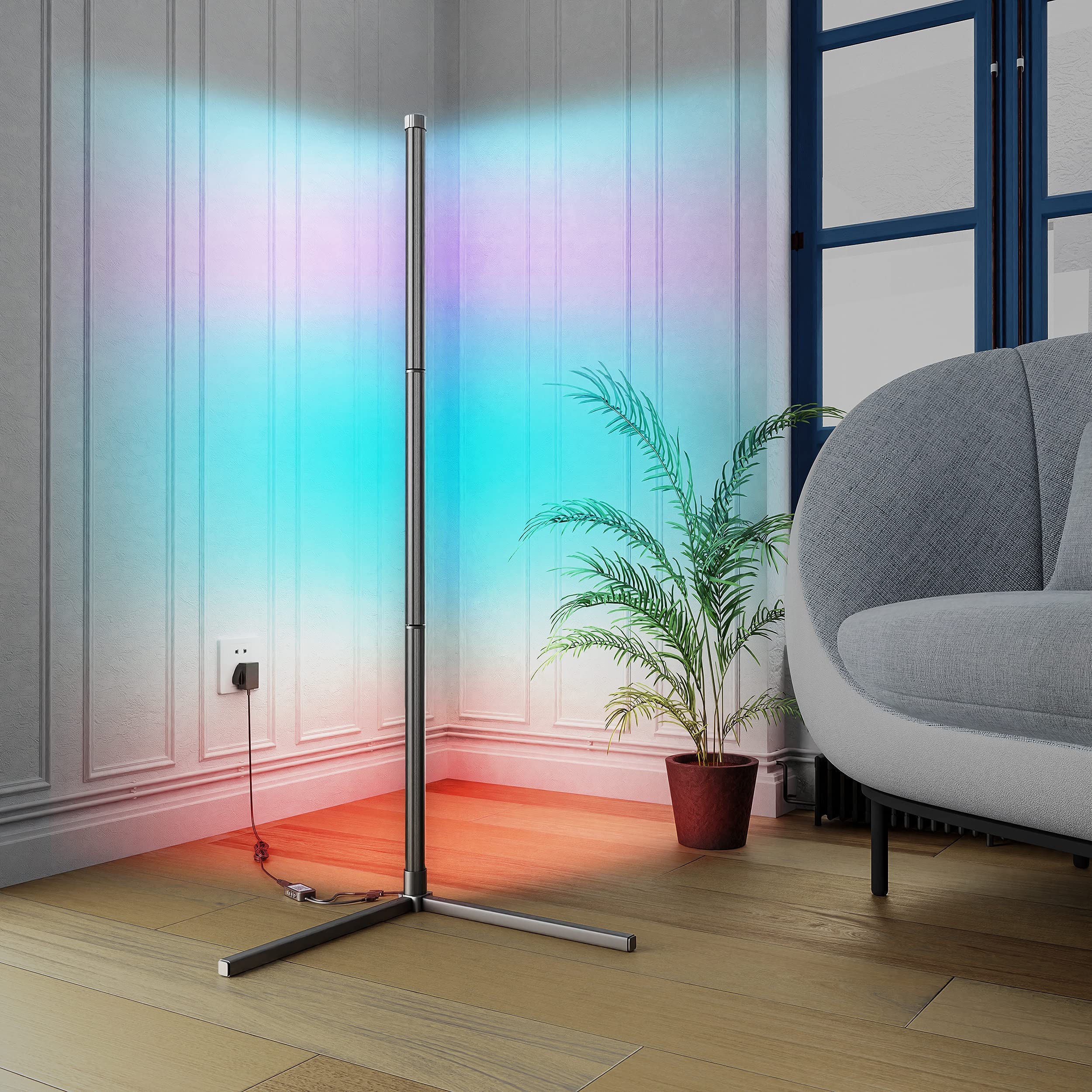 HOBBYMATE LED Corner Lamp 62" Floor | RGB Accent Mood Stand Light with Dimmable Color Changing, Bluetooth App and Remote Control, Music Sync/Timer