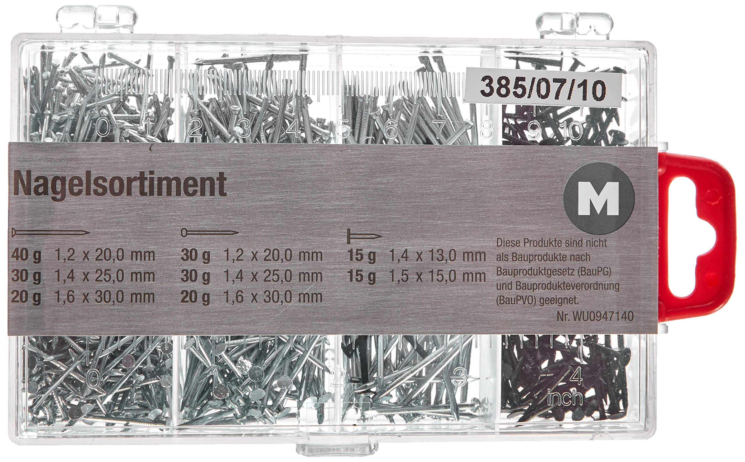 Meister 947140 Nail Kit – Practical Small Parts Box – Pre-sorted Wire Nails and Drawing Pins – For Home And Workshop Nail Setter Set Nails and Pins Set