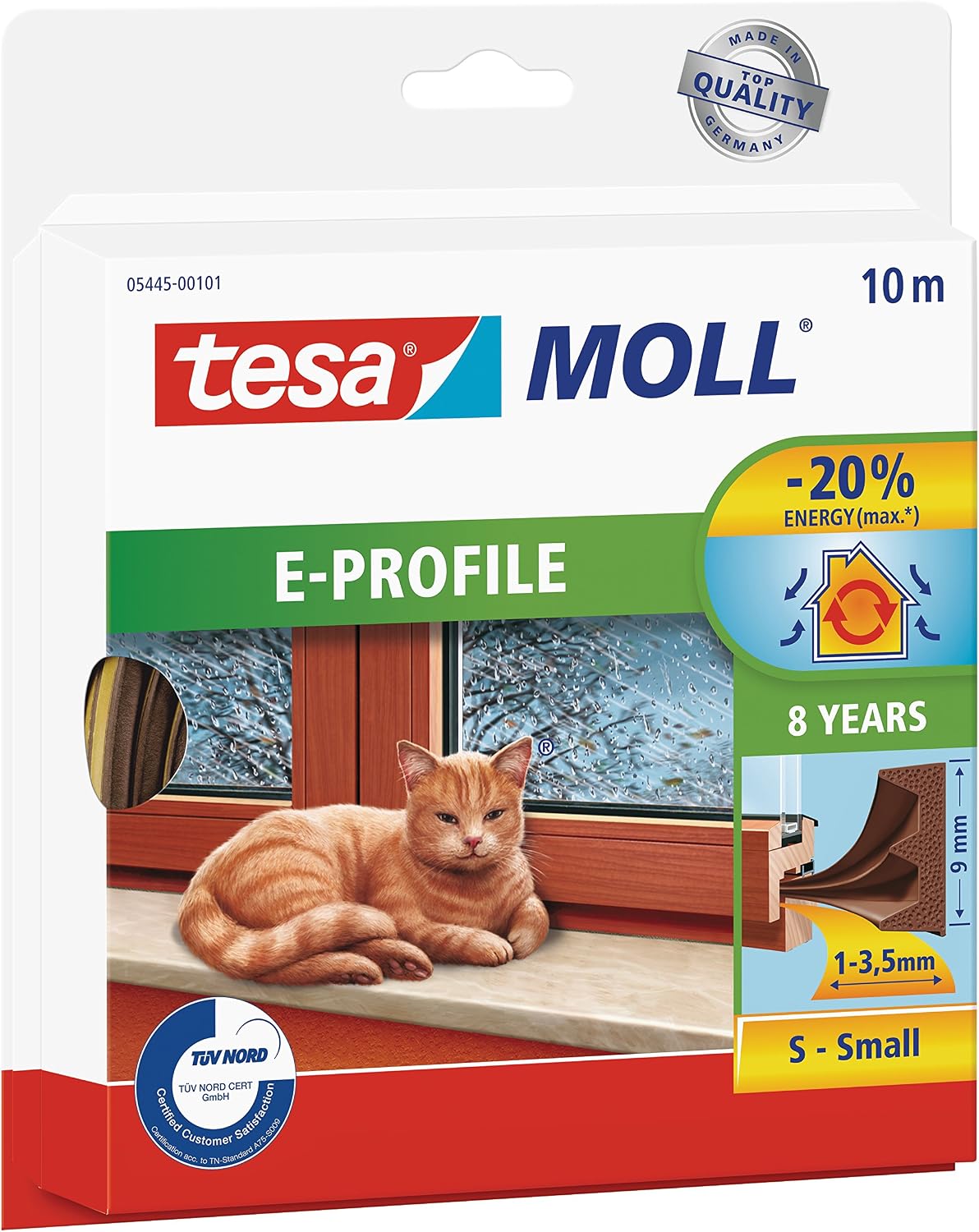tesamoll E-Profile Seal - Self Adhesive Rubber Draught Excluder for Insulating Gaps in Windows and Doors - Brown - 10 m x 9 mm x 3.5 mm