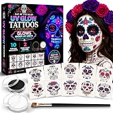 Water-Resistant Day of the Dead Mask Halloween Face Paint Temporary Tattoo | Sugar Skull Stickers Dia De Los Muertos Decorations Party Supplies Catrina Makeup Kit, DIY Gifts, Neon Black Light UV Glow