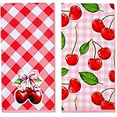 InnoBeta Cherry Kitchen Decor, Bathroom Decor, Hand Towel 2 Pack, 16 x 24 in Microfiber Dish Tea Towel, Cute Cherry Gifts, Gingham