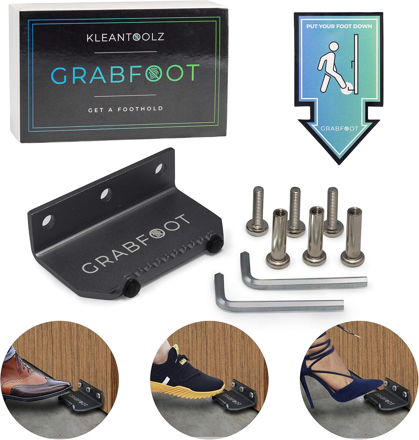 Kleantoolz GRABFOOT Foot Door Opener Kit, Touchless Foot Pull for Doors, Foot Operated Door Opener Handle for Bathroom, Office, Kitchen, Shops