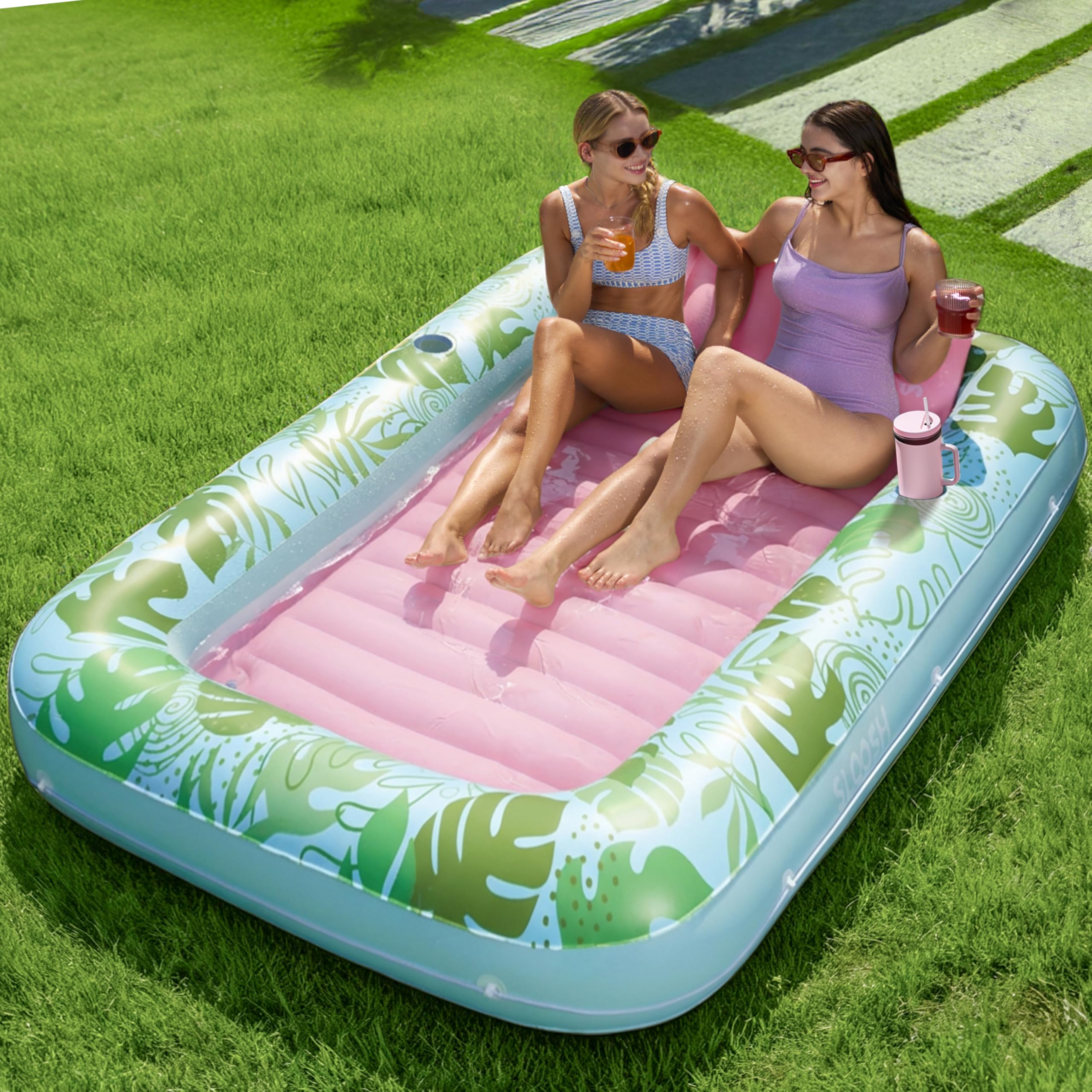 SLOOSH Inflatable Tanning Pool Lounger Float, 85" x 57" Extra Large Pool Floats Adult with Pillow, 4 in 1 Suntan Tub Raft Floatie,Sunbathing Bed Lounge for Water Blow Up Party Gifts, XL-Cyan Pink