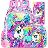 ZLYERT 3Pcs Unicorn Backpack for Girls, Sequin Bookbag for Elementary Preschool Students, 16" Kids Backpacks with Lunch Box(Pink)