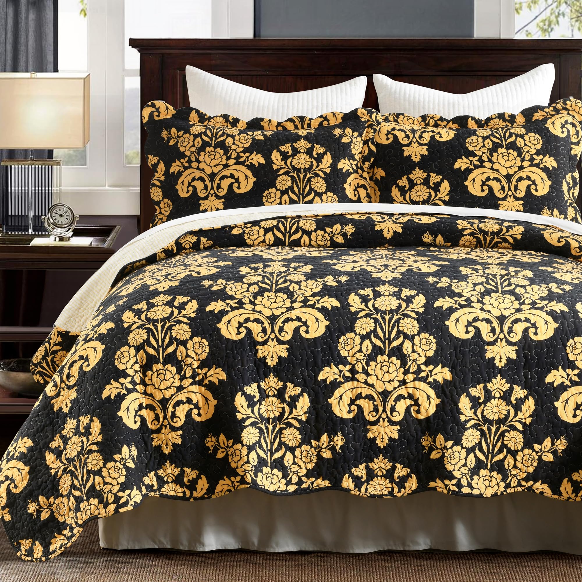 Photo 1 of Qiqiong Black & Yellow King Quilt Bedding Set - 100% Cotton Reversible Floral Striped Quilts - Vintage Elegant Farmhouse Lightweight Bedspreads for Spring & Summer 3-Piece