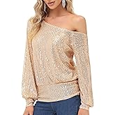 KANCY KOLE Sequin One Shoulder Sparkly Long Sleeve Tops for Holiday Evening Party Club Night