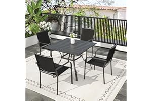 Anmutig 5-Piece Patio Dining Set, 35-Inch Square Outdoor Table with 4 Stackable Mesh Chairs, Black Metal All Weather Frame Set