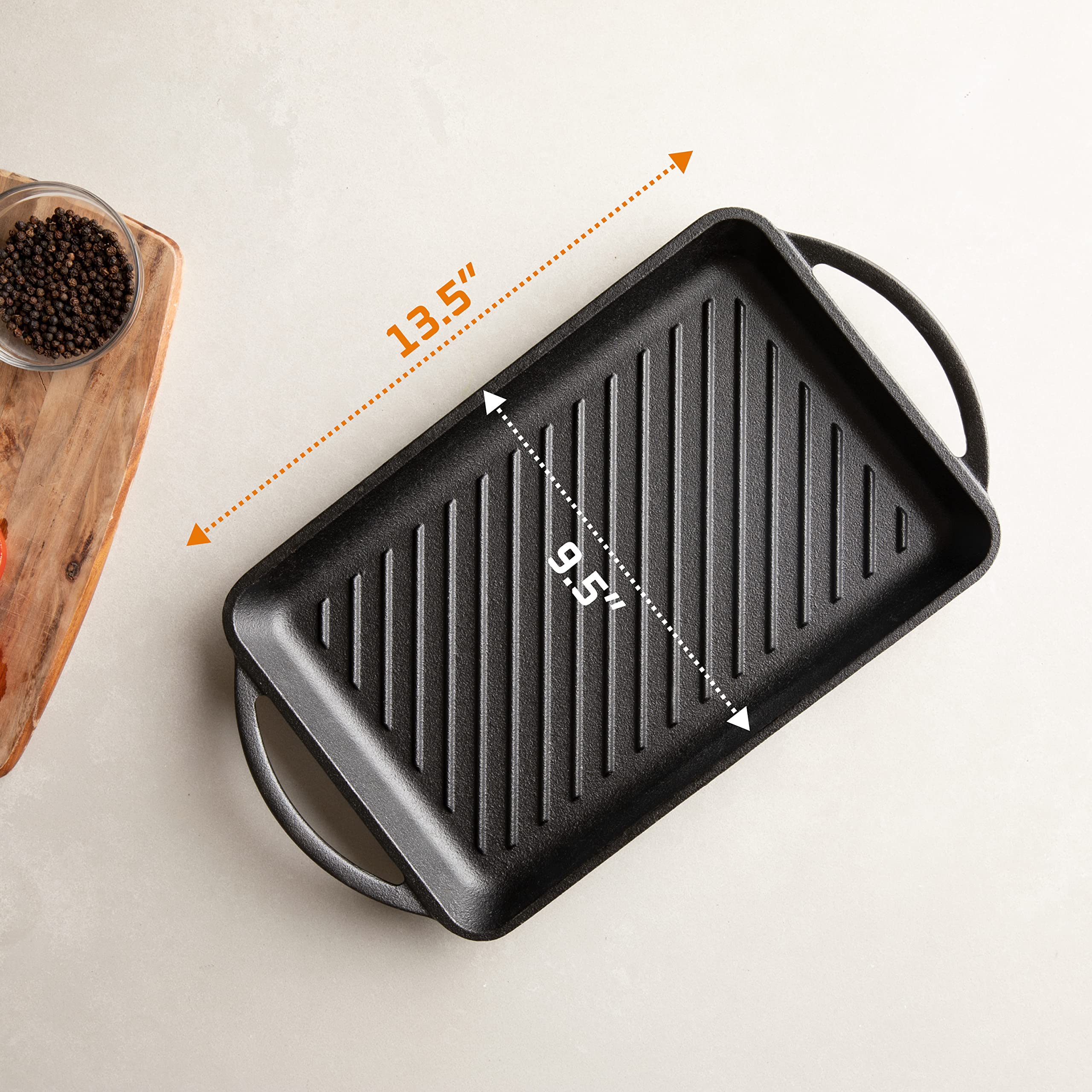 Bruntmor Rectangular Cast-Iron Grill Pan - Non-Stick Pan for Stovetop with Raised Lines for Perfect Seared Lines on Steak, Fish and BBQ - Chip Resistant - Loop Handles, Black