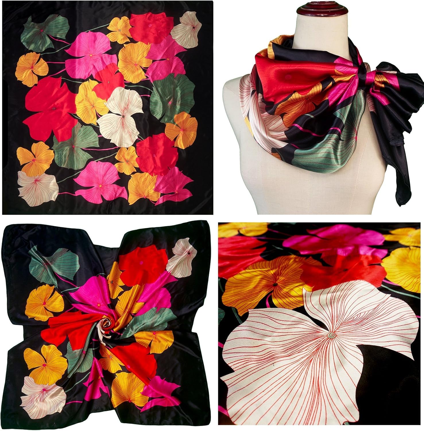 4 Pc Set Large 35 x 35 inches Satin Square Scarves Neck Hair Head Scarf Bundle (Set A) at  Women’s Clothing store
