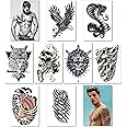 Temporary Tattoos For Men Guys Boys & Teens - Fake Half Arm Tattoos Sleeves For Arms Shoulders Chest Back Legs Eagle Snake Owl Skull Cyborg Carp Fish Realistic Waterproof Transfers 8 Sheets 8x6"