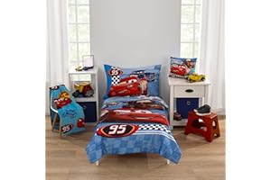NoJo Disney Cars Radiator Springs White, Blue, and Red Lightning McQueen and Tow-Mater 4 Piece Toddler Bed Set - Comforter, Fitted Bottom Sheet, Flat Top Sheet and Reversible Pillowcase