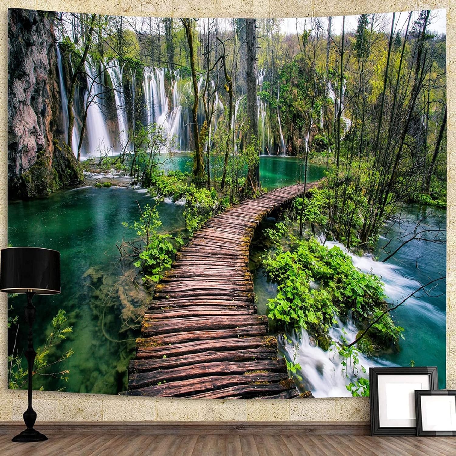 Tapestries - Showutheworld Green Nature Tapestry, Waterfall Rainforest River Wooden Bridge Wall Hanging Tapestry Decor for Living Room Bedroom Home Decoration Tapestries Blanket In house 67.4x90 Inchs(170x230 cm)