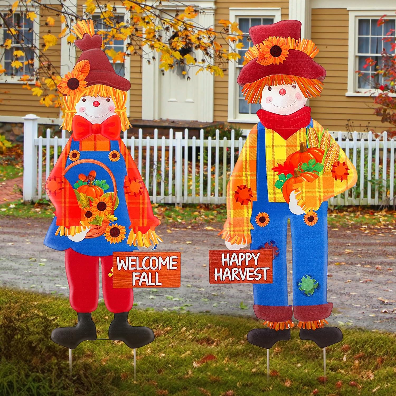 Decorative Garden Stakes - Hiboom Thanksgiving Fall Yard Signs, 2 Pack Metal Scarecrow Girl and Boy Pumpkin Yard Stakes Autumn Harvest Sunflower Decorations for Outdoor Lawn Garden Holiday Party Outside