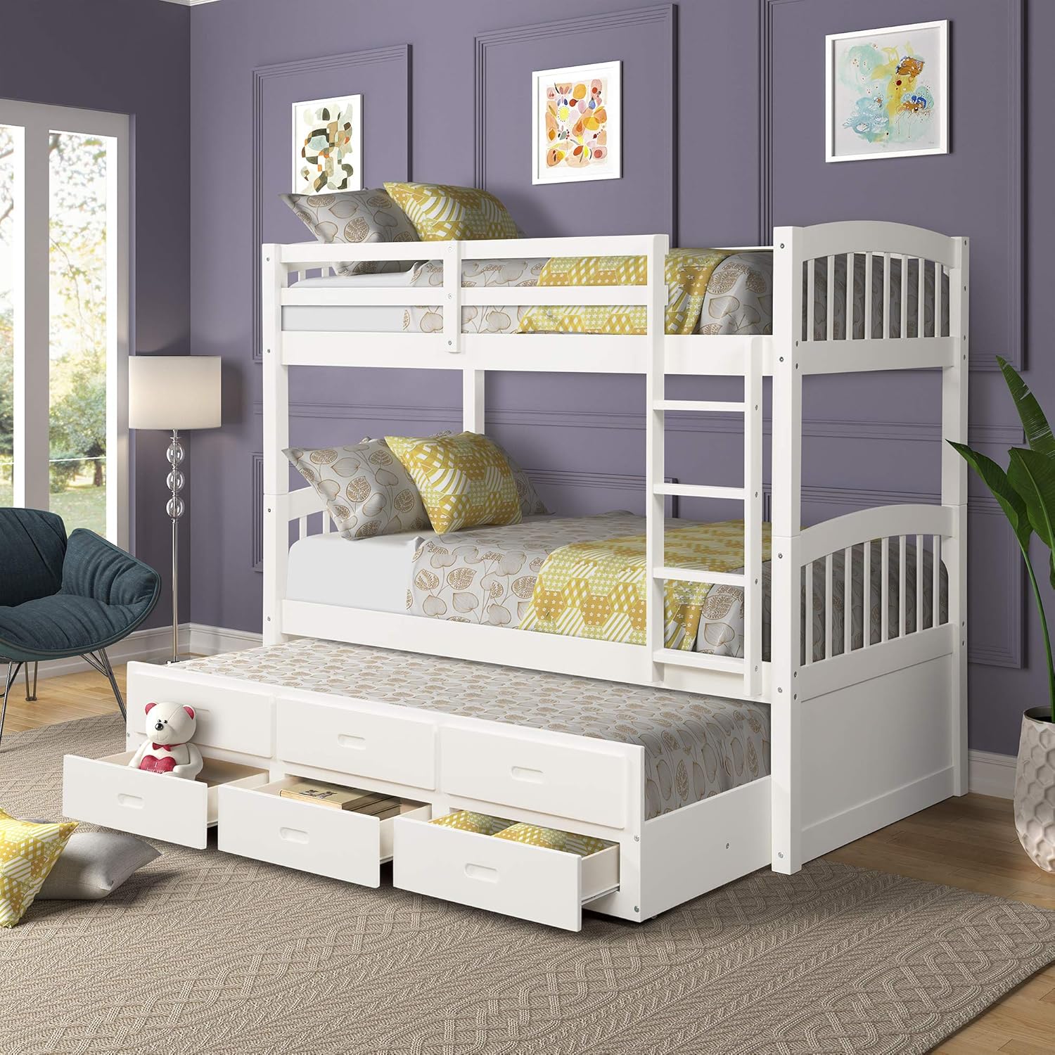 Twin Over Twin Wood Bunk Bed with Trundle and Drawers, WeYoung Twin/Twin with Four-Step Ladder and Full Length Guardrails, No Box Spring Needed (White)
