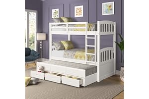 HARPER & BRIGHT DESIGNS Harper&Bright Designs Twin Over Twin Bunk Bed with Safety Rail, Ladder, White Twin Trundle Bed with 3 Drawers for Kids, Teens Bedroom, Guest Room Furniture
