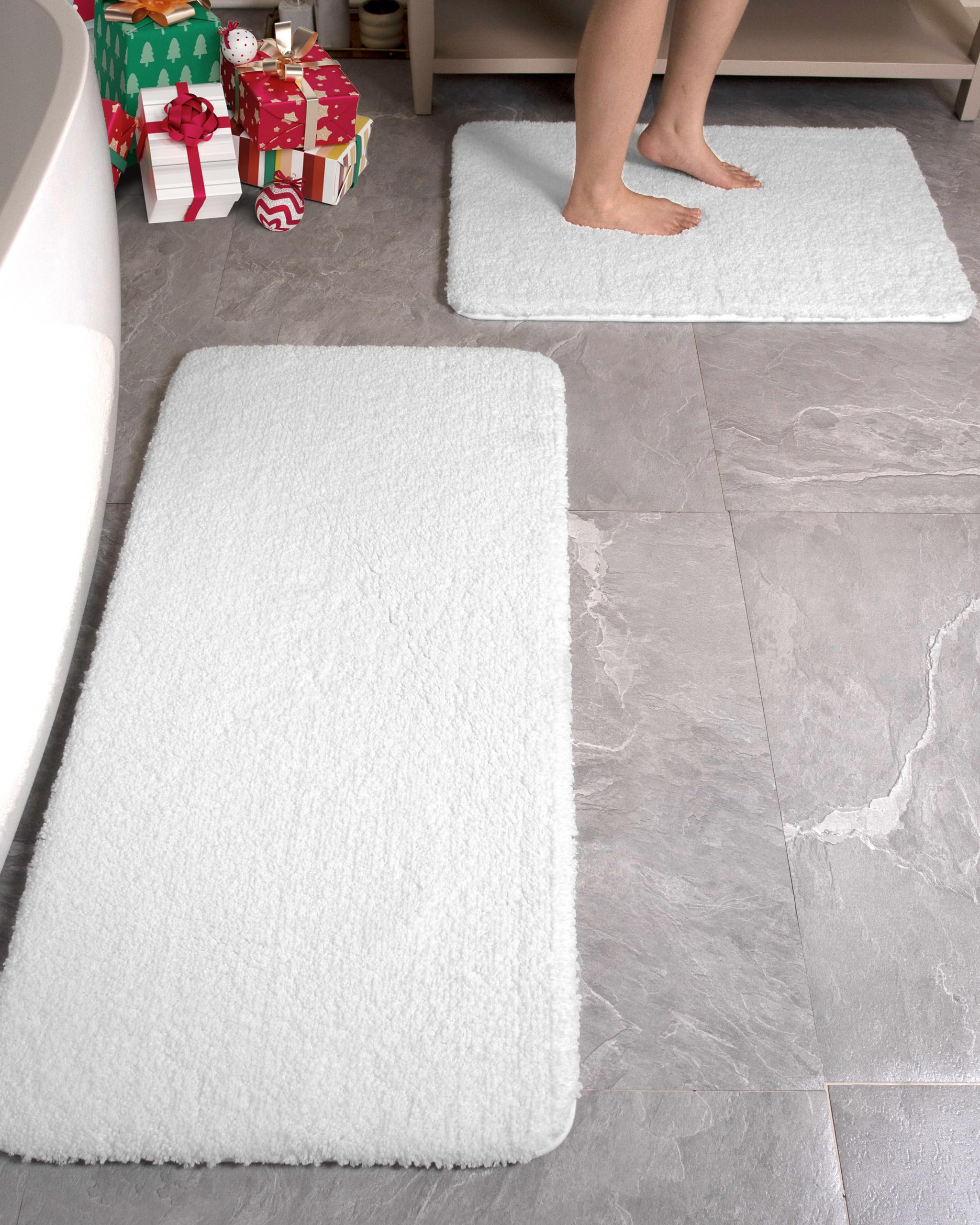 Photo 1 of Disolla White Bathroom Rug Sets 2 Piece Fluffy Non Slip Bath Mat Set for Bathroom Floor Washable Plush Bathroom Shower Mat Luxury Absorbent Bath Rug Set, 17x24 + 24x48 inches