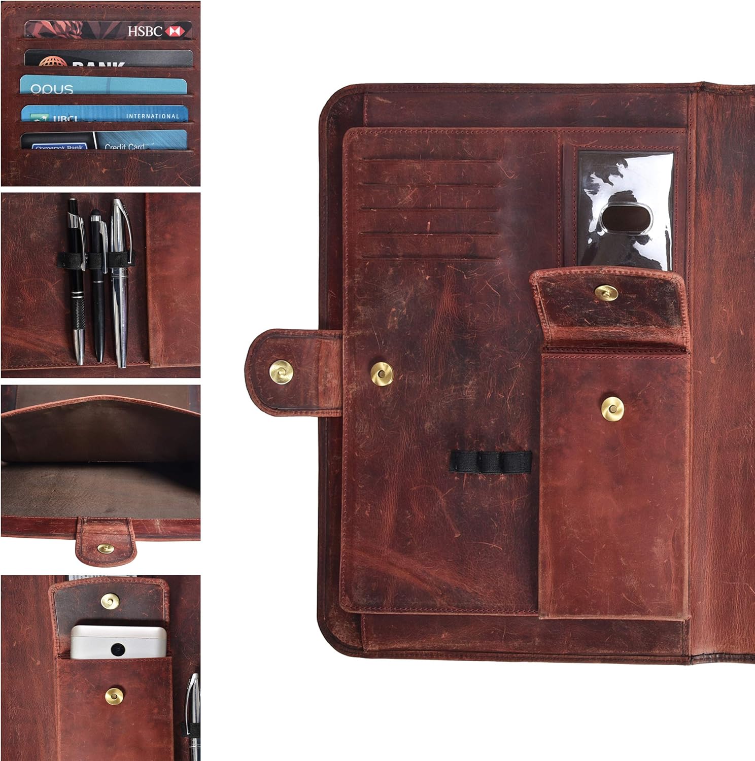 Leather Portfolio for Men and Women - Multi Pocket Padfolio Folder (Brown Crazy Horse) : Office Products