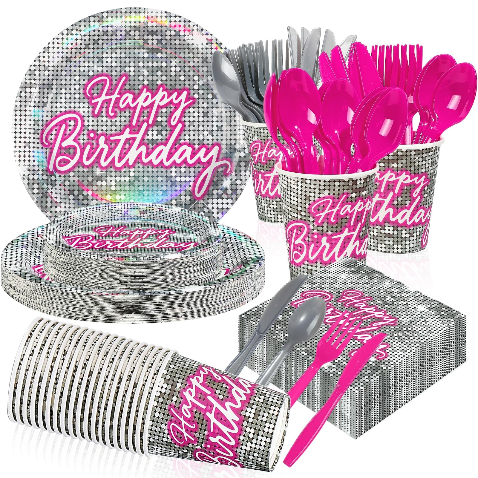 Photo 1 of 168Pcs Disco Birthday Party Decorations Hot Pink Silver Glitter Sequins Plates and Napkins Cups Forks Tableware Sets for Women Girls 70s 80s Theme Disco Neon Pastel Rainbow Party Supplies Serves 24
