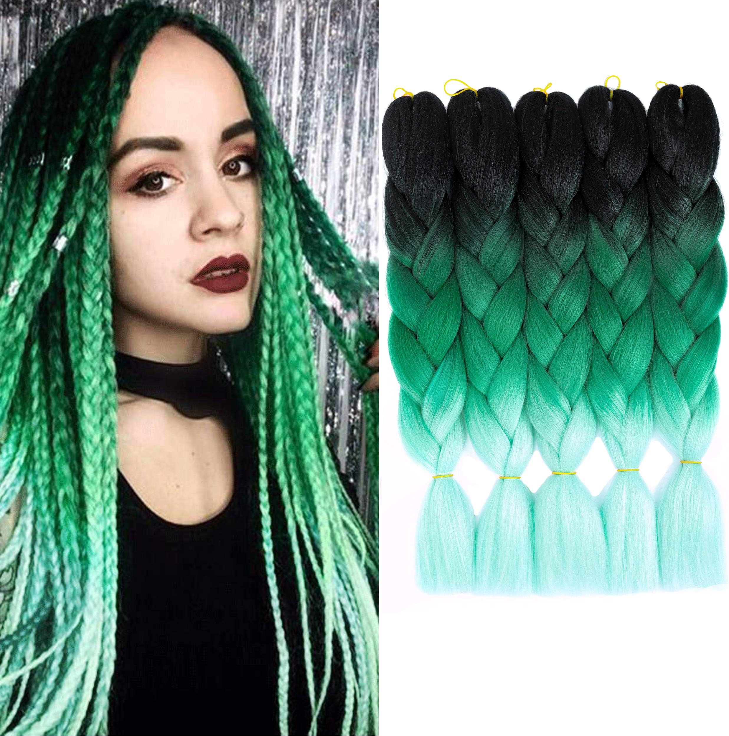 5 Packs 24 inch Braiding Hair Ombre Kanekalon Braiding Hair 3 Tone Green Ombre Jumbo Braids Hair Synthetic Twist Braiding Hair Extension for Braiding(5PCS, Black-Dark Green-Light Green)