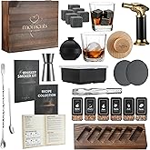 Moments by KEFF Premium Whiskey Smoker Kit – Wooden Gift Box with Torch, Smoker Lid, Square Glasses, Leather Coasters, 6 Wood Chips with Tray, Whiskey Stones, Ice Molds, Mixing Tools & Instructions