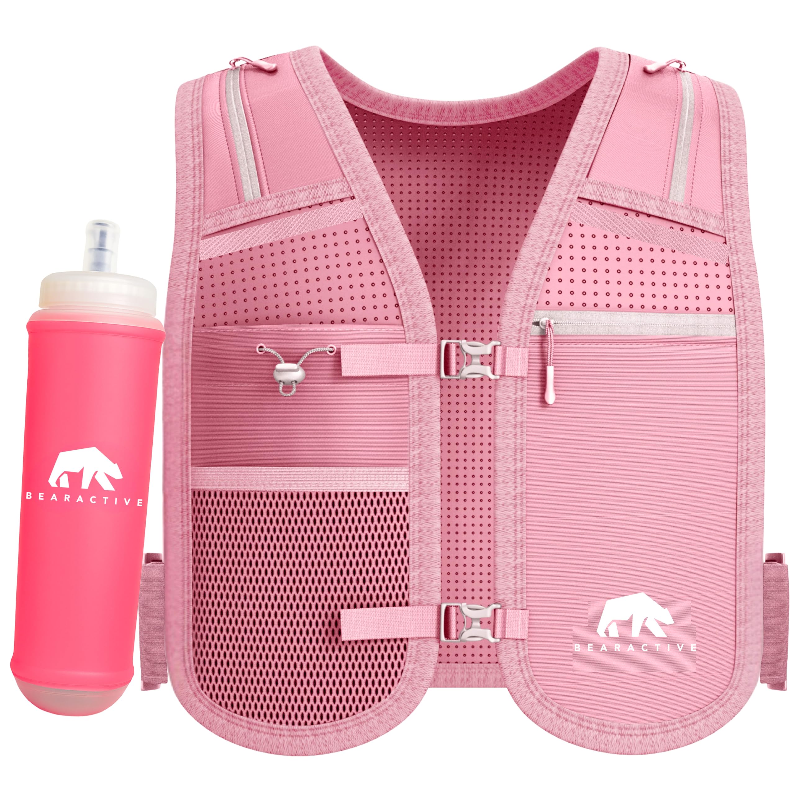 Bearactive Running Phone Holder with 500ml Water Bottle - Adjustable Strap and 6 Pockets - Running Hydration Vest for Women & Men (Pink, One Size)
