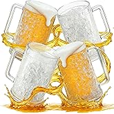 Granatan Freezer Beer Mugs Set of 4, 16 oz Double Wall Gel Mugs for Freezer, Acrylic Plastic Beer Stein with Handle, Ice Cold Glasses for Men, BBQ, & Pool Parties (Clear)