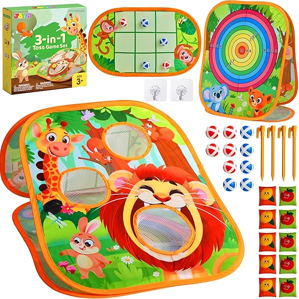 FAOKZE Jeu De Lancer 5 En 1 - Pouf, Fléchettes, Morpion, Anneaux - Pliable - Enfants - Jardin Intérieur Extérieur