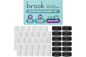 BROOK Glass Pet Fountain Filter Replacement Set – 12 Filter Rings & 24 Activated Carbon Pouches – Up to 12 Month Supply Replacement Filters Set for BROOK Cat Fountain
