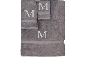 BC BARE COTTON Monogrammed Towel Set, Personalized Gift, Set of 3- Silver Block Letter Embroidered Towel - Extra Absorbent 100% Turkish Cotton - Soft Terry Finish - Initial M Gray