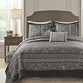 Madison Park Traditional Damask Design All Season, Lightweight Coverlet Bedspread Bedding Set, Matching Shams, Pillows, (120"x118"), Bellagio, Jacquard Grey, 5 Piece