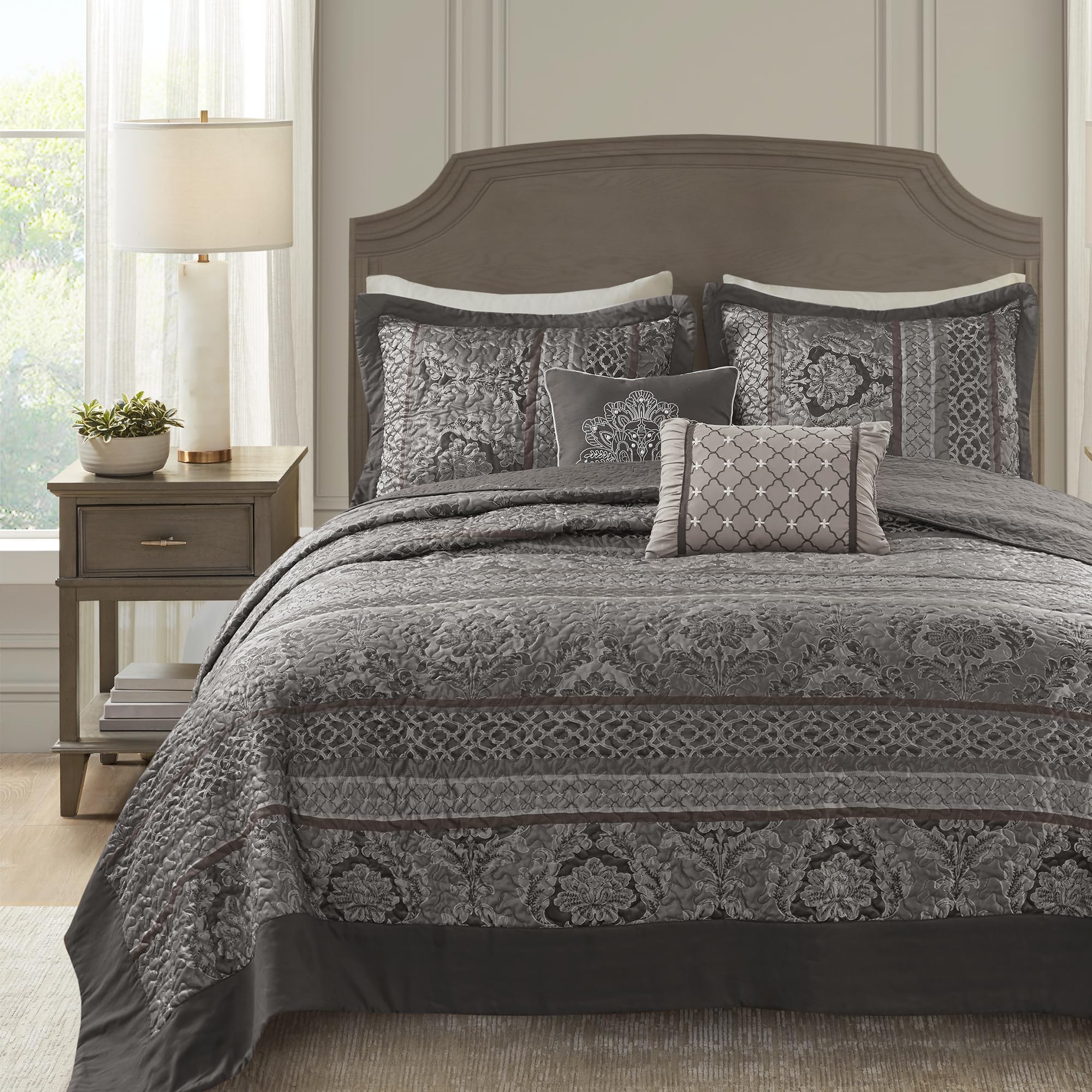 Madison Park Traditional Damask Design All Season, Lightweight Coverlet Bedspread Bedding Set, Matching Shams, Pillows, (120"x118"), Bellagio, Jacquard Grey, 5 Piece Image Madison Park Traditional Damask Design All Season, Lightweight Coverlet Bedspread Bedding Set, Matching Shams, Pillows, (120"x118"), Bellagio, Jacquard Grey, 5 Piece Image