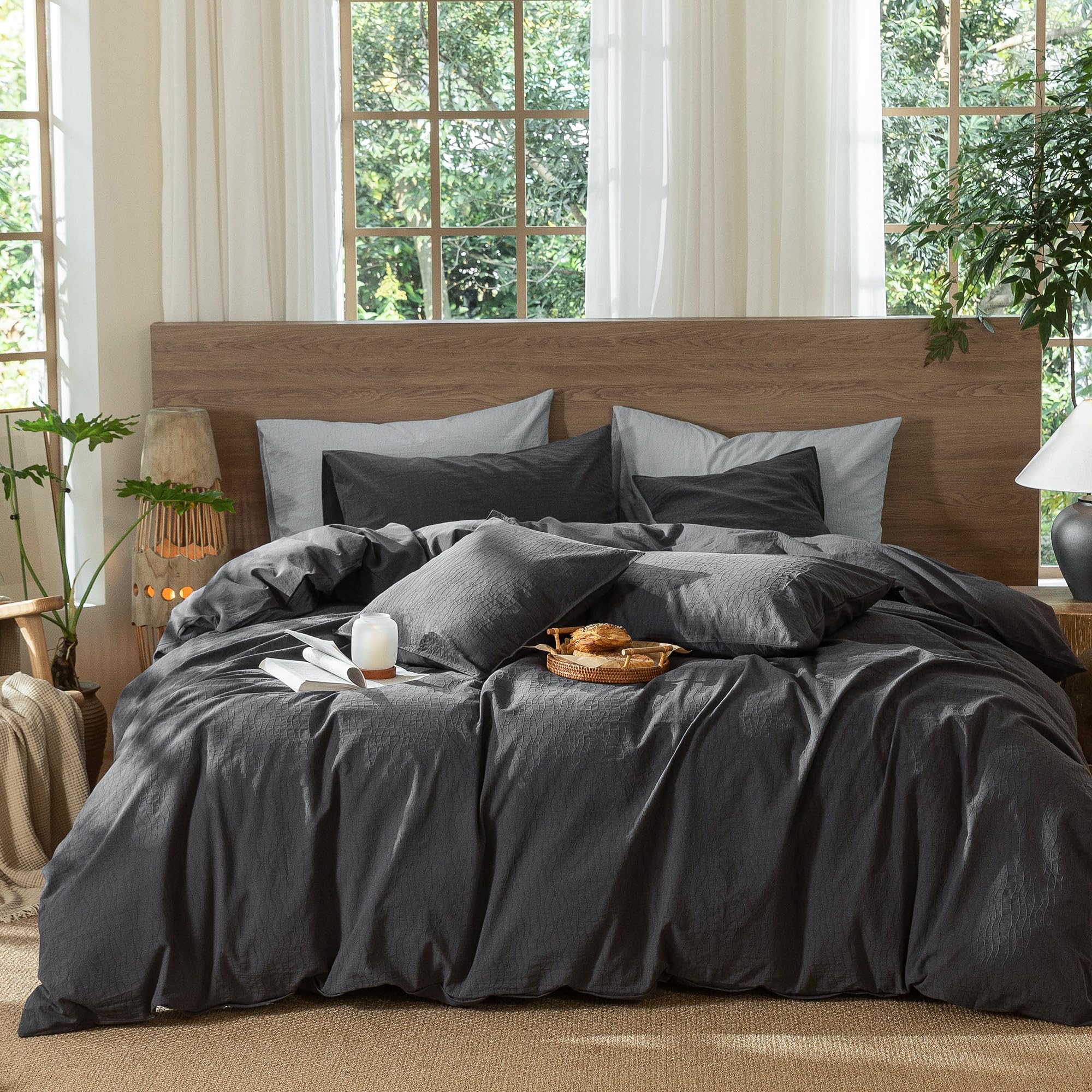 Photo 1 of MooMee Wavy Striped Duvet Cover Set 100% Washed Cotton Linen Like Textured Breathable Durable Soft Comfy (Charocal Grey, Twin 68"x90")