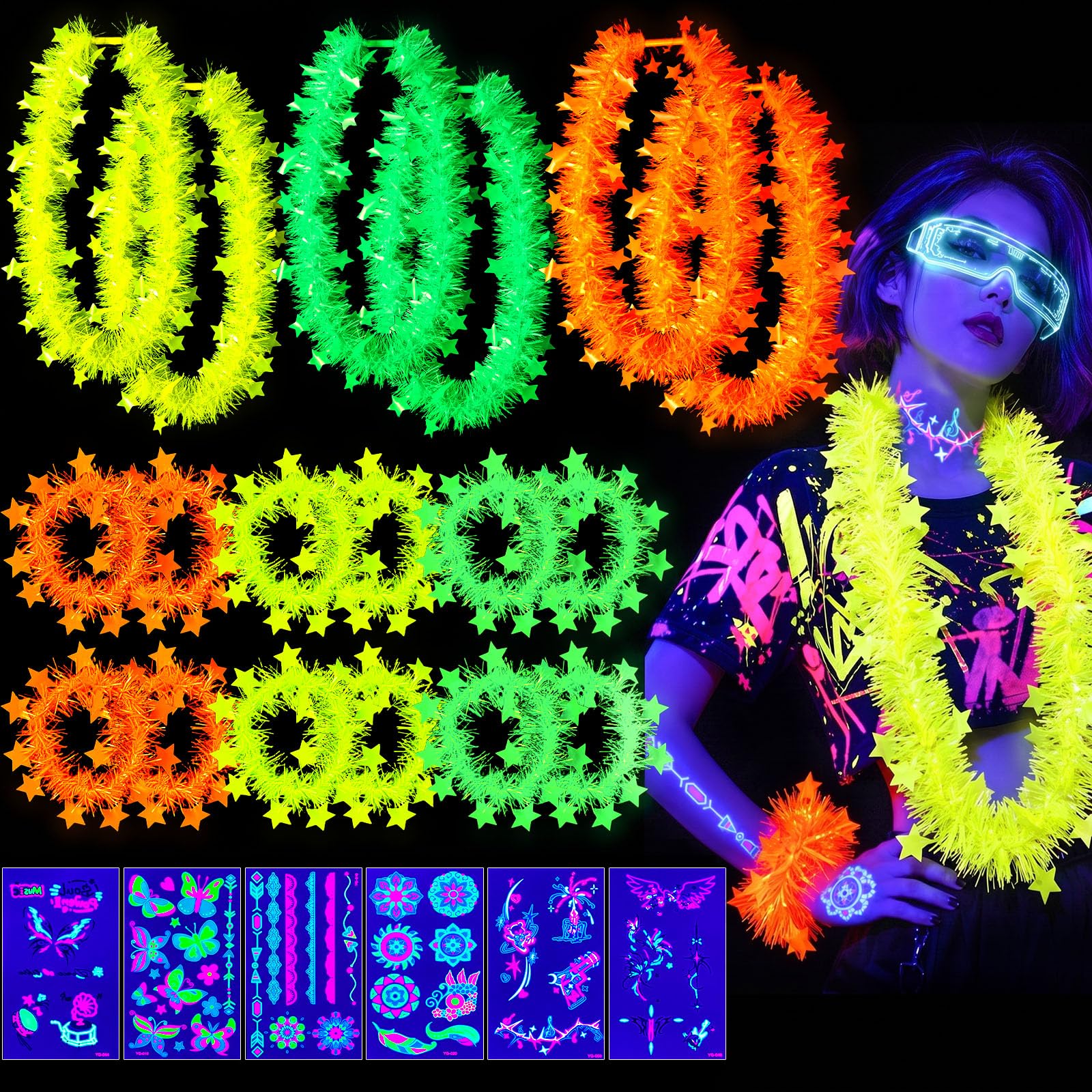 LovesTown 24PCS Neon-Themed Party Favors with Lei Necklaces & Bracelets