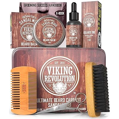 Beard Care Kit for Men- Sandalwood- Ultimate Beard Grooming Kit includes 100% Boar Beard Brush, Wood Beard Comb, Sandalwood Beard Balm, Sandalwood Beard Oil, Beard &amp;amp; Mustache Scissors in a Metal Box
