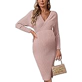 guruixu Wrap V Neck Maternity Sweater Dress Rib Knit Batwing Open Back Slit Pregnancy Dresses for Baby Shower Maternity Photoshoot Outfits Blush Pink