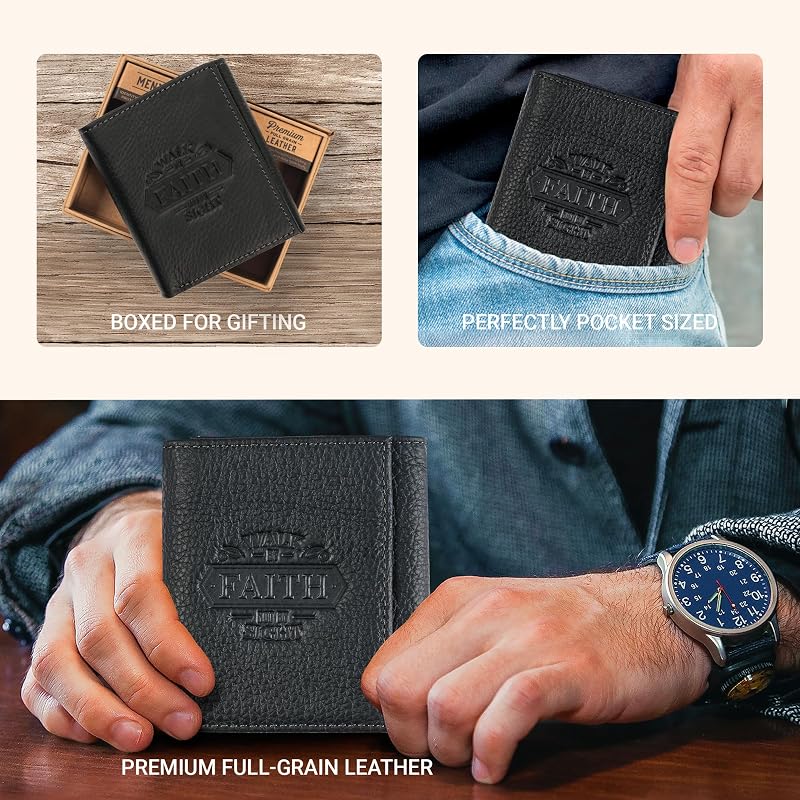 Portefeuille en cuir véritable avec blocage RFID pour homme, design à deux volets, plusieurs emplacements pour cartes de crédit, carte d'identité, Noir/Walk By Faith, Taille unique — photo 3 sur 6