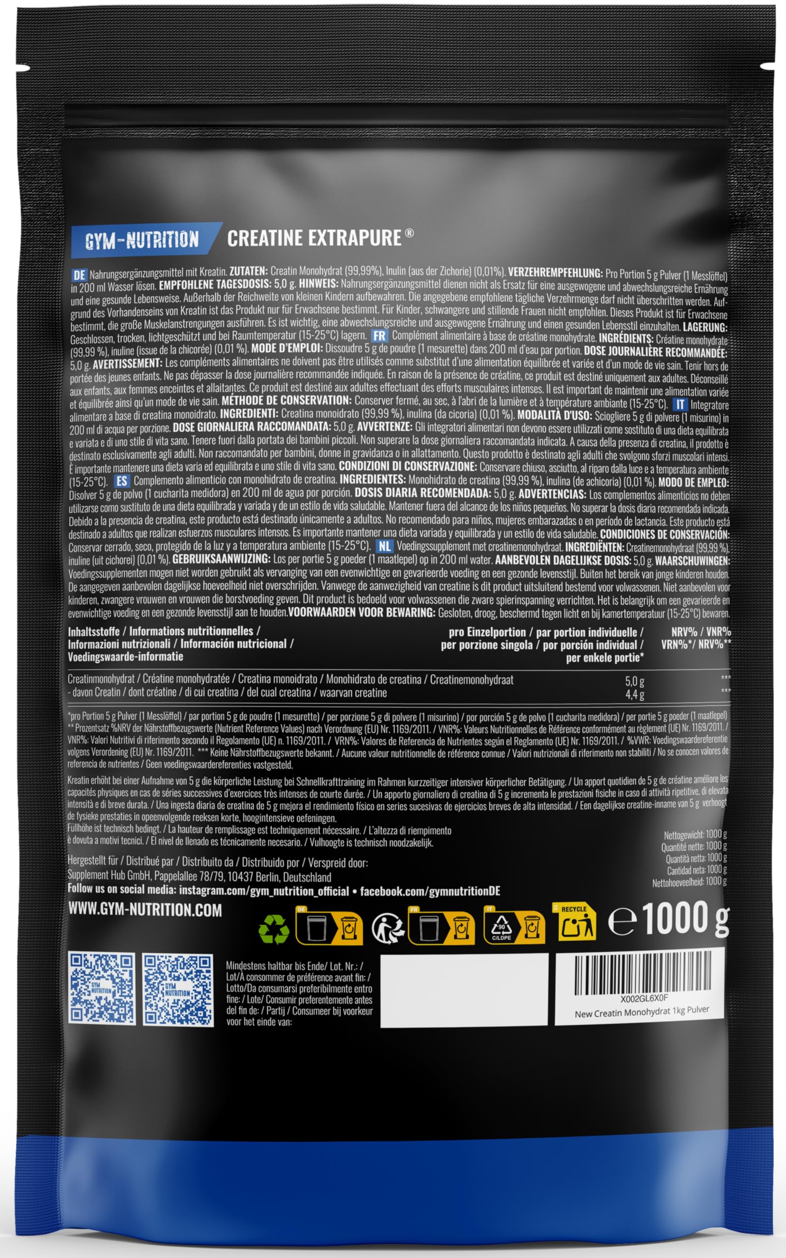 Creatin Monohydrat Pulver 1kg / 1000g - Ultra Reines Kreatin Monohydrat mit Inulin - Hochdosiert - Extrapure Creatine Monohydrat - Creatin Pulver Monohydrate - Vegan Jahresvorrat 3