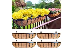 LÁLÁGREEN LaLaGreen Railing Planter Boxes (4 Pack, 30 Inch) Black Metal Rectangular Flower Boxes with Coco Liner, Large Hanging Planters for Outdoor Plants Deck Over Rail Fence Balcony Porch Modern Garden Decor