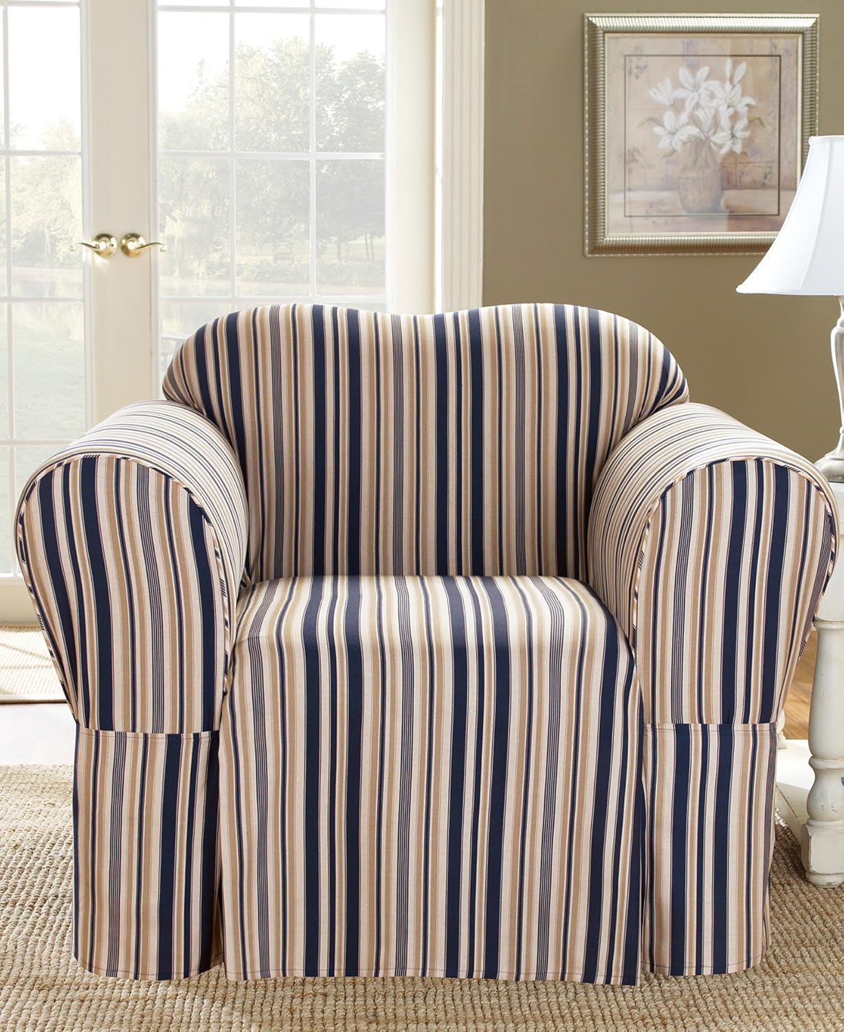 Indigo Blue Stripe Chair Slipcover (Box Cushion) Kitchen