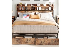 IRONCK King Size Bed Frame with Bookcase Headboard & Drawer & Charging Station,Sturdy Metal Platform Bed, No Noise, No Box Spring Needed, Vintage Brown
