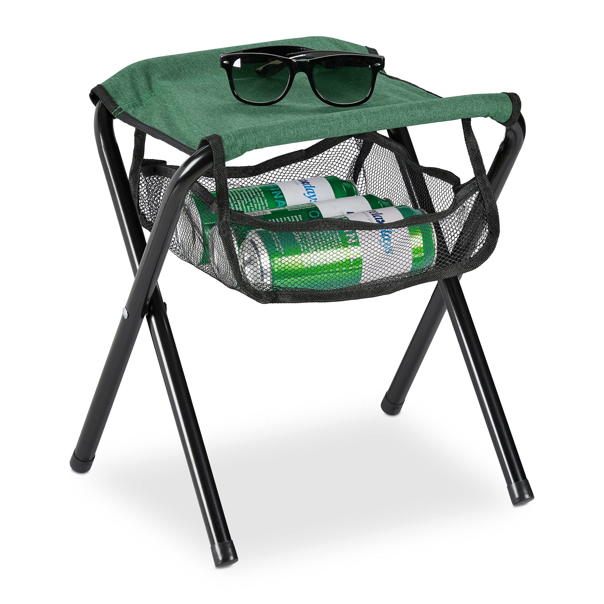Relaxdays camping stool with bag, holds weight of up to 120kg, folding, lightweight fishing seat, outdoor, green, Iron, 39 x 29 x 35 cm