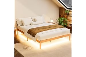 Tyndall Queen Size Bed Frame with LED Lights, 12 Inch Solid Wood Platform Bed Frame with Under Bed Storage, Wooden Slats Supp