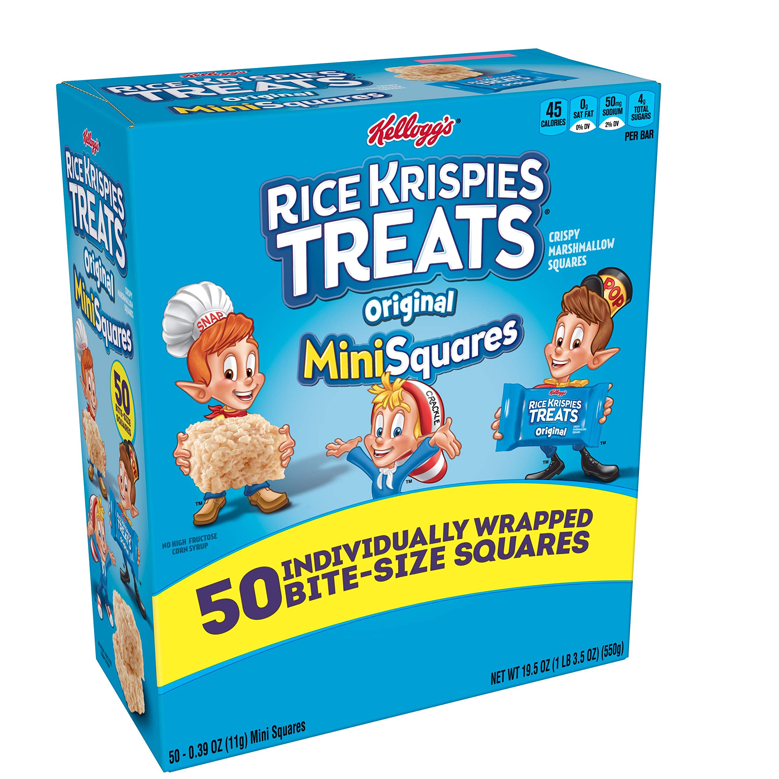 Kellogg’s, Rice Krispies Treats Crispy Marshmallow Mini-Squares, Original, Single Serve, Display Box Caddy, 0.39 oz Bars (50 Count)